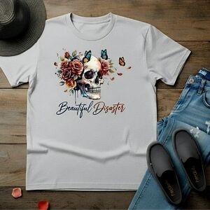 Beautiful Disaster Skull Graphic Tee • Roses & Butterflies • Boho Gothic Western